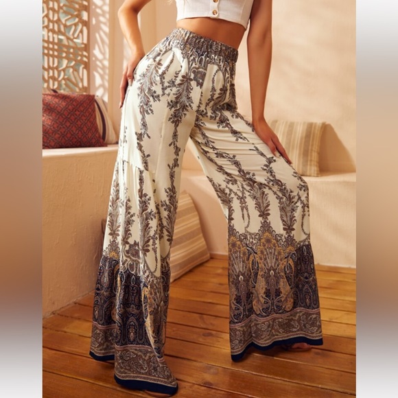 Boho Floral Print Palazzo High Waist Wide Leg Pants - Picture 6 of 8